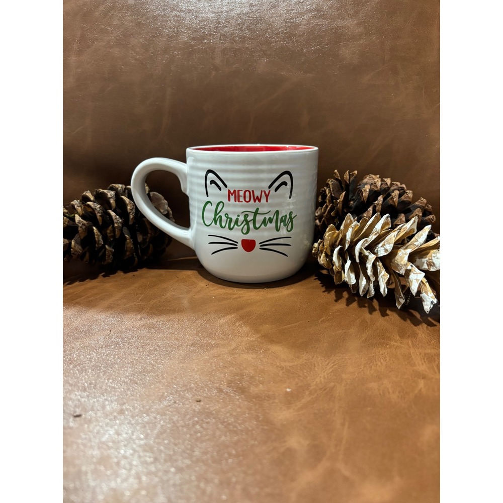 Meowy Christmas Cat Face Ceramic Coffee Mug White Red Holiday Tea Cup